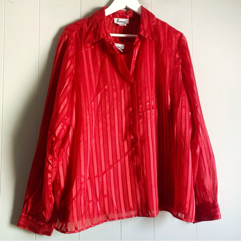 Joanna 80s Twinset Red Sheer Striped Shirt & Opaque Shell Women's Size XL